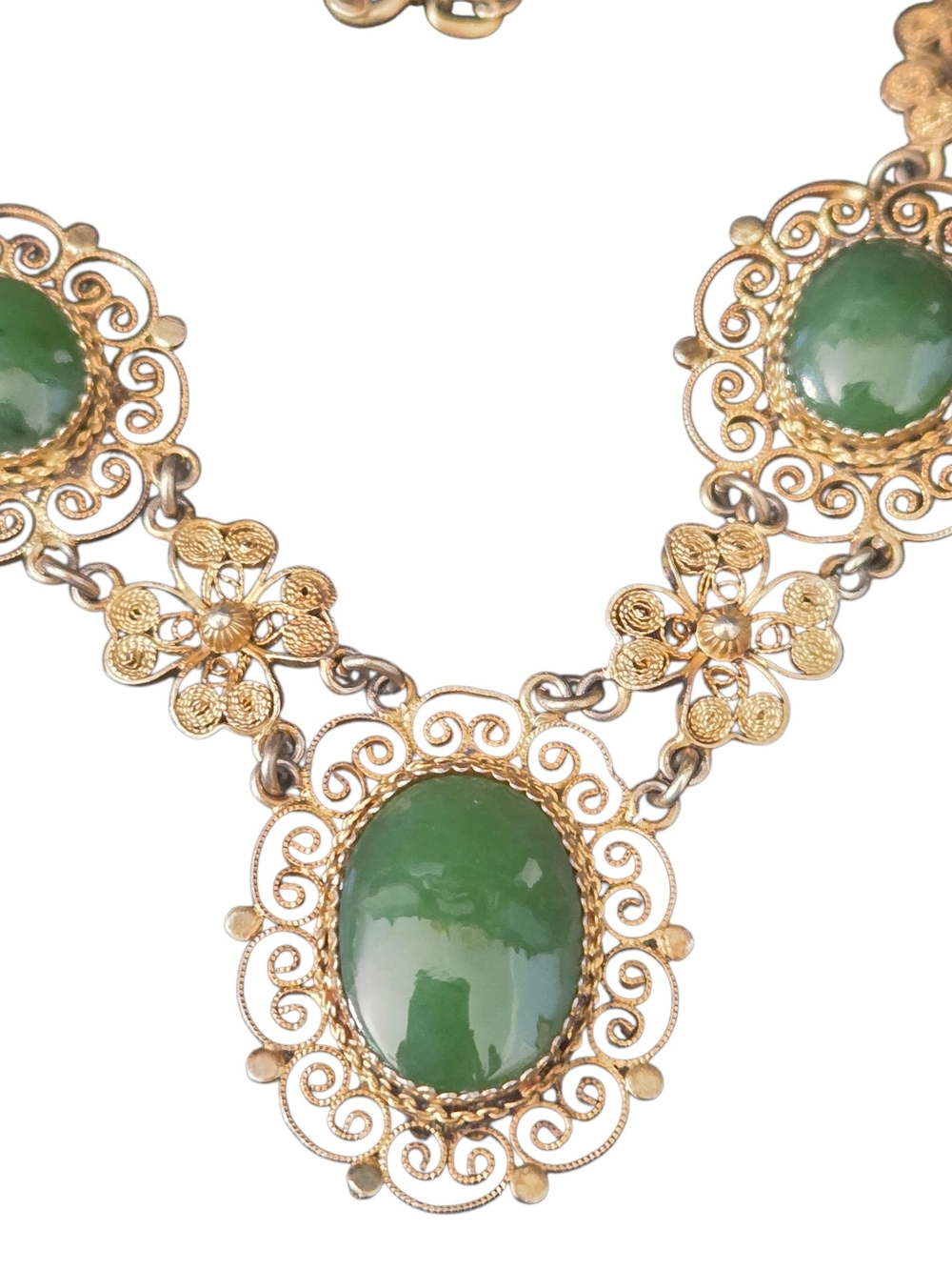 Vintage Intricate Gold Tone Necklace with Green jade Cabochons